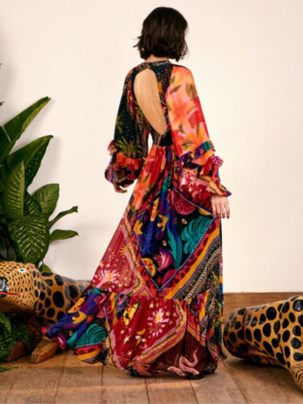 Farm Rio Diagonal Scarves Button Down Maxi Dress Boho Colorful Size XS